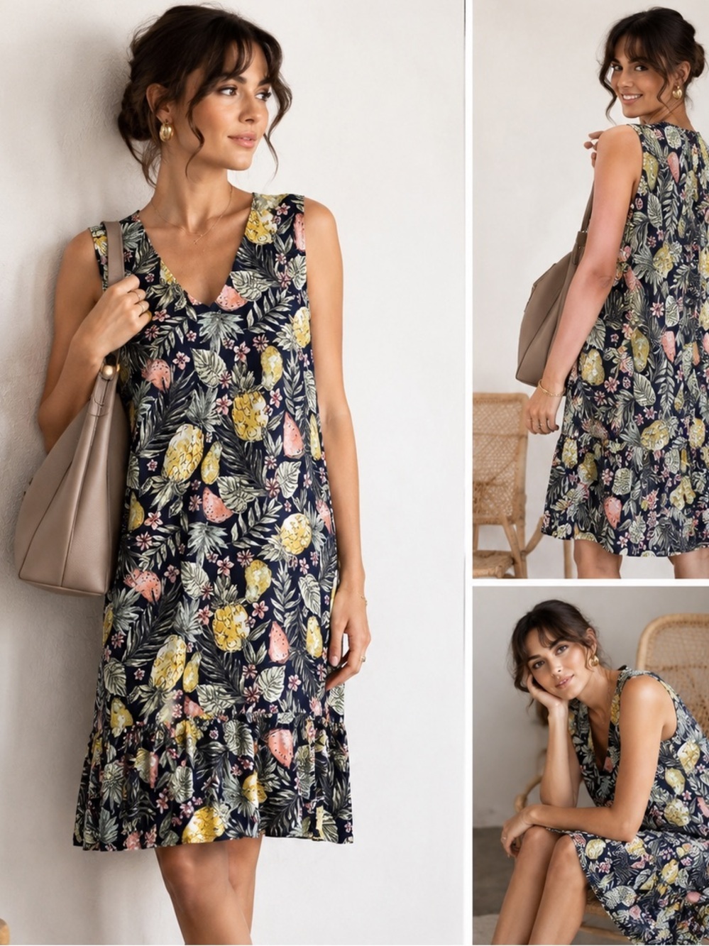 NEW J Jill Dress Multicolor Flounced Hem Double V-neck Knit Pineapple Tropical